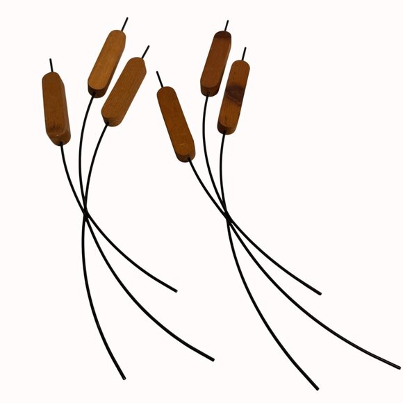 MCM Cattail Stems Wall Hanging Decorative Wood Metal Rustic Cabin Set of 2 - Picture 2 of 14
